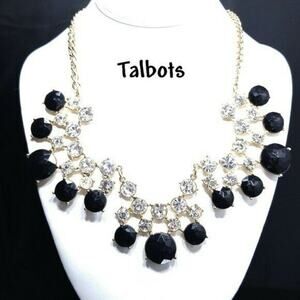 Talbots Black and Clear Rhinestone Statement Necklace, Gold Tone, 22 Inches